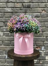 Цветочная композиция из Гипсофила и Розы в шляпной коробке в Средней Елюзани