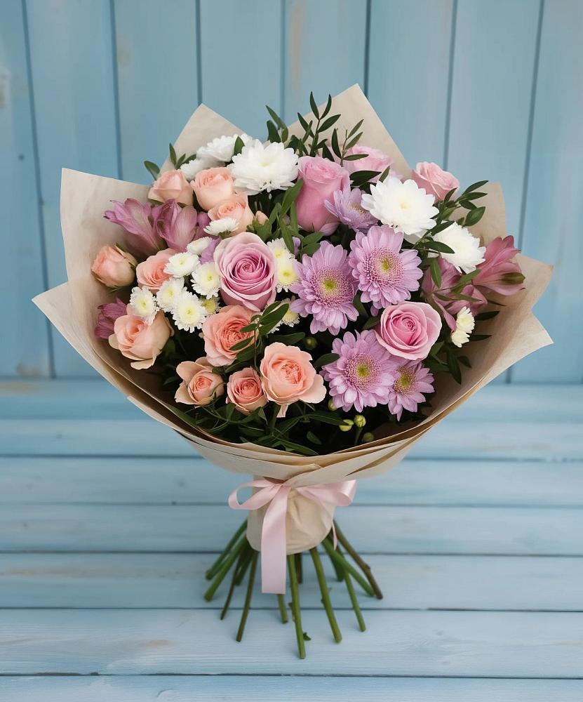 Букет цветов из: Хризантемы, Розы и Альстромерии в Средней Елюзани