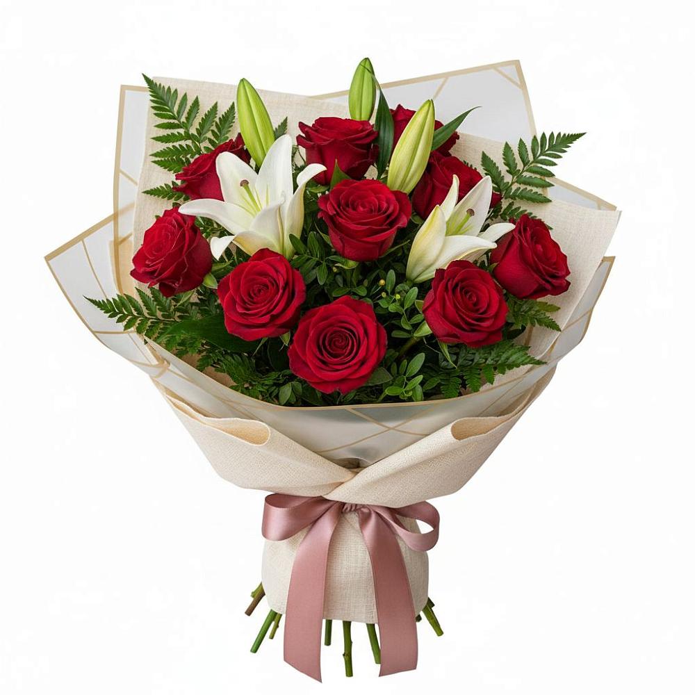 Букет цветов из: Лилии и Розы в Средней Елюзани