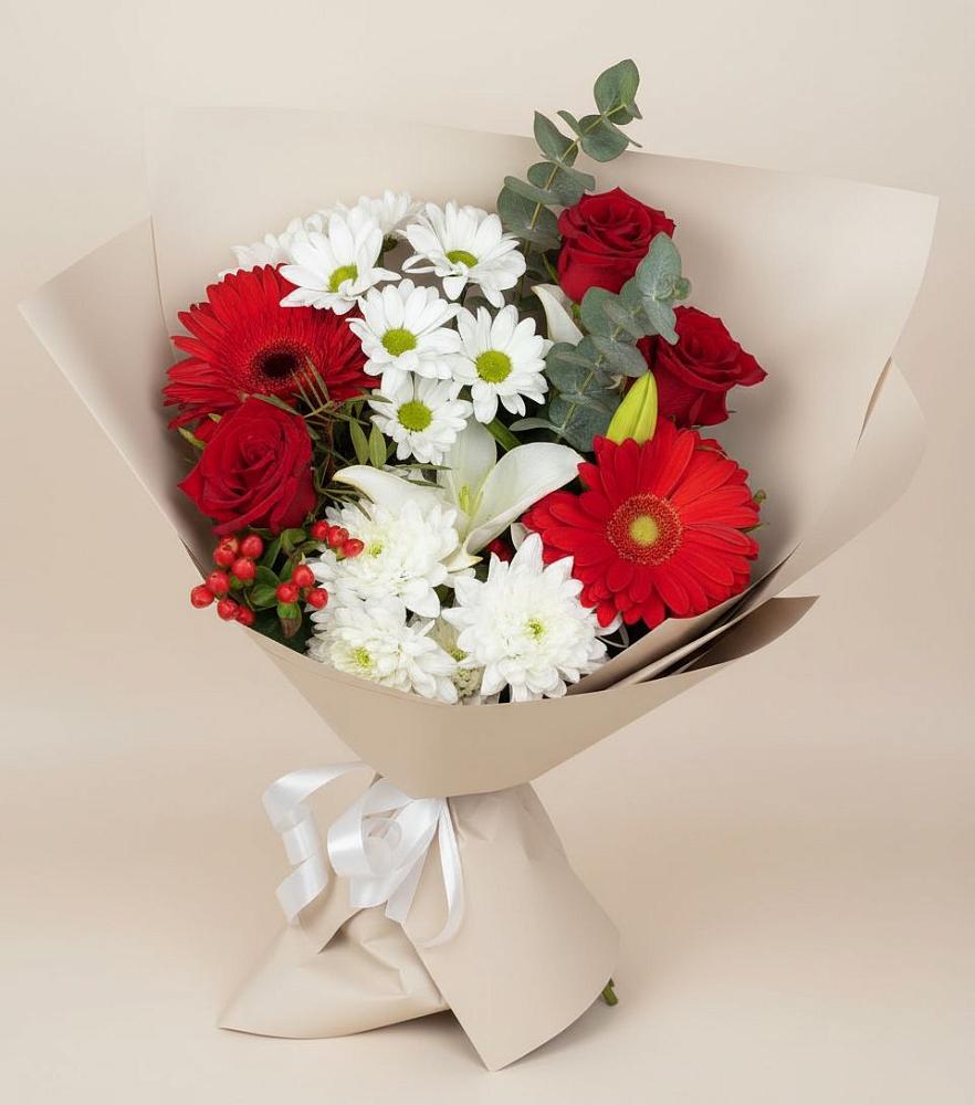 Букет цветов из: Розы, Хризантемы, Герберы и Лилии в Средней Елюзани
