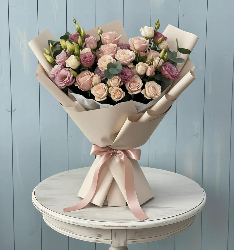 Букет цветов из: Розы и Лизиантусы в Средней Елюзани